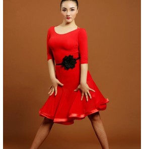 Black red round neck middle long sleeves backless competition performance professional latin salsa ballroom dance dresses set for ladies